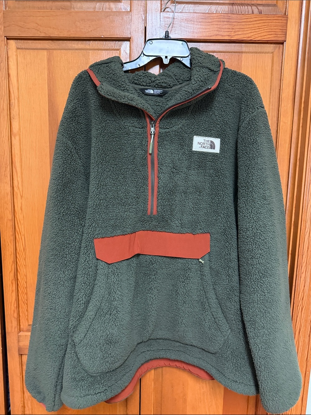 The North Face Mens Olive Green Sherpa Pullover with Rust Accents